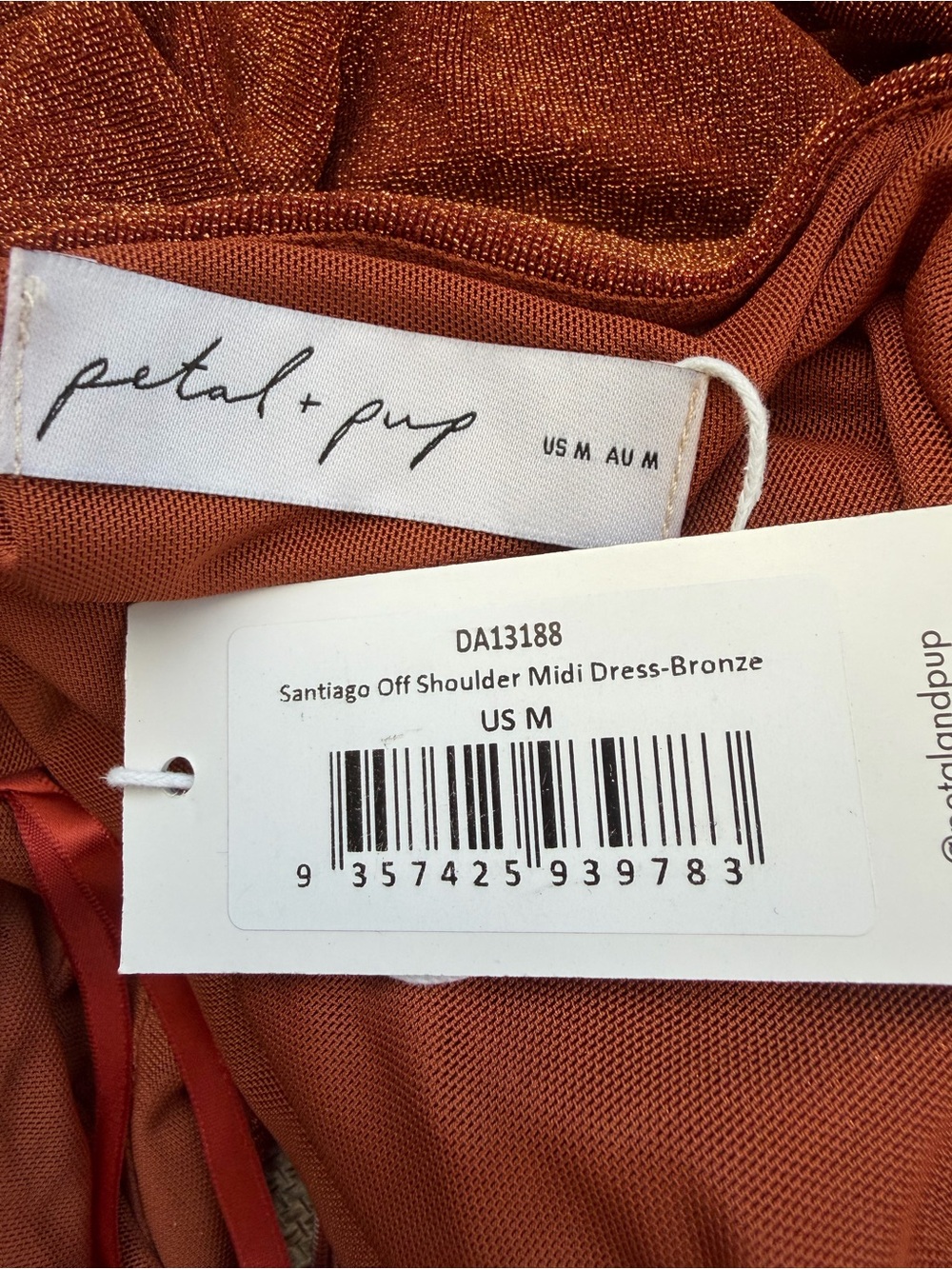 NWT Petal & Pup One-Shoulder Metallic Copper-Orange Draped Dress Santiago, Med - Picture 2 of 10